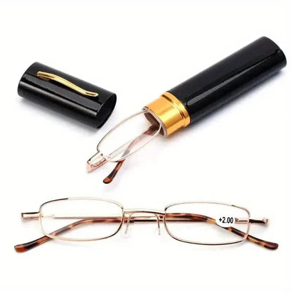 Portable Presbyopia Reading Glasses with Pen Tube Case - Unisex, Metal Frame, Spring Hinge, +1.00~+4.00, Plastic Lens