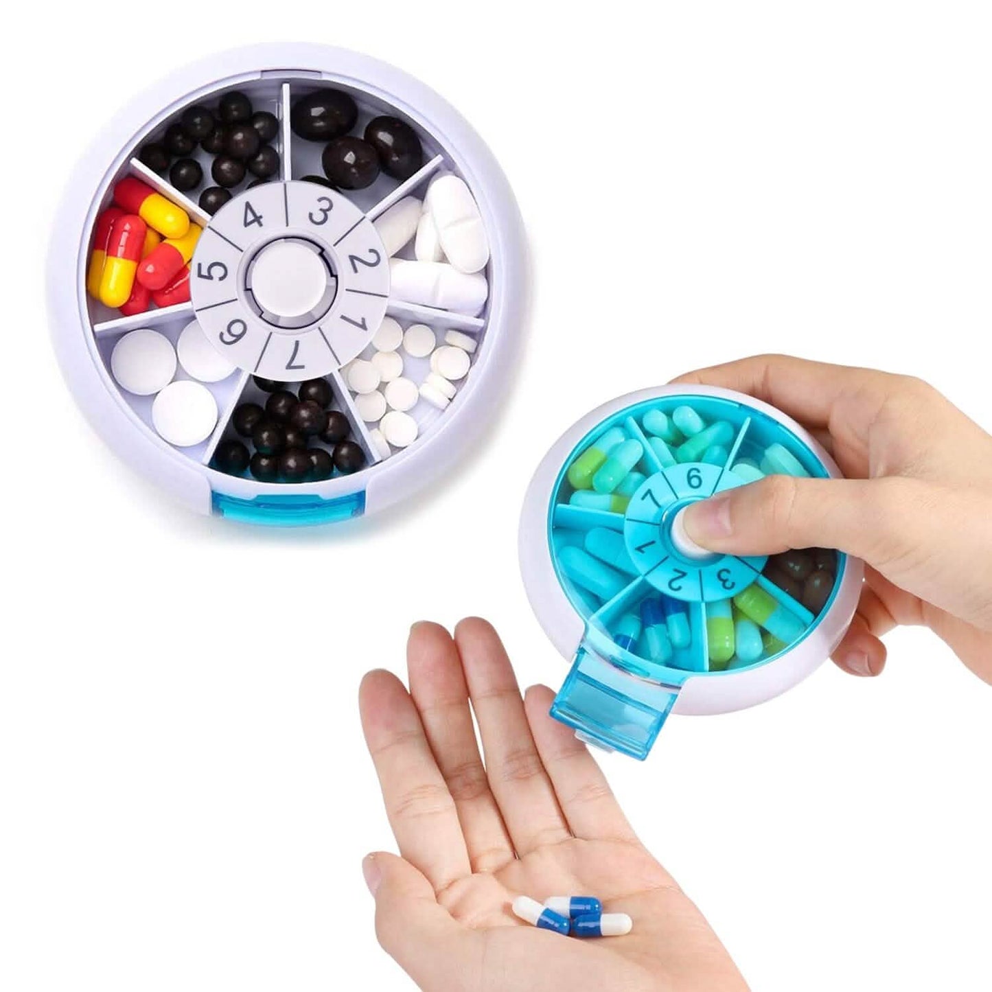 Portable Push Button Rotating Round Case Once A Day Daily Medicine Organizer