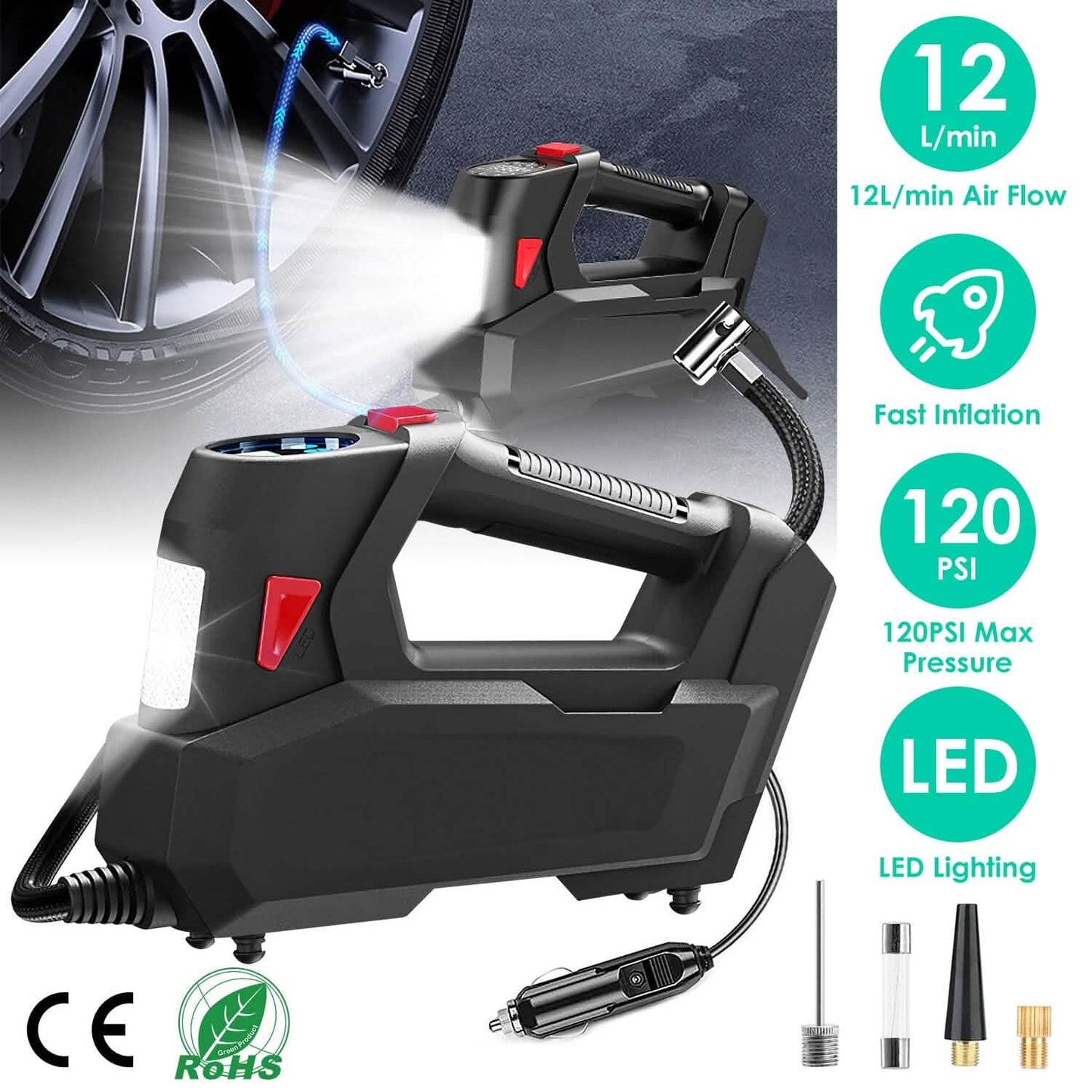 Portable Tire Inflator 120 PSI Maximum 90W Powered Tire Pump with Digital Display LED