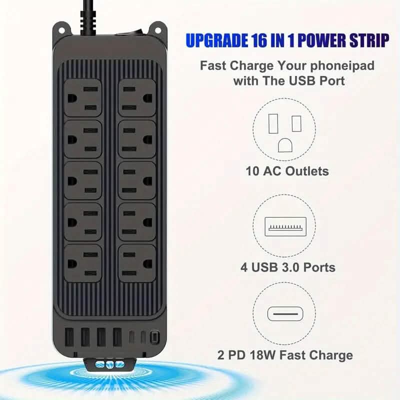Power Strip Plug with 10-Outlets, 6 USB Ports and 2 USB-C