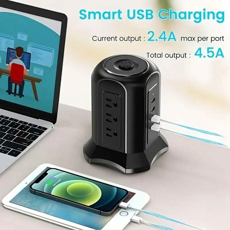 Power Strip Tower with 9 Outlets 4 USB Ports 6.5 Ft. Long Extension Cord