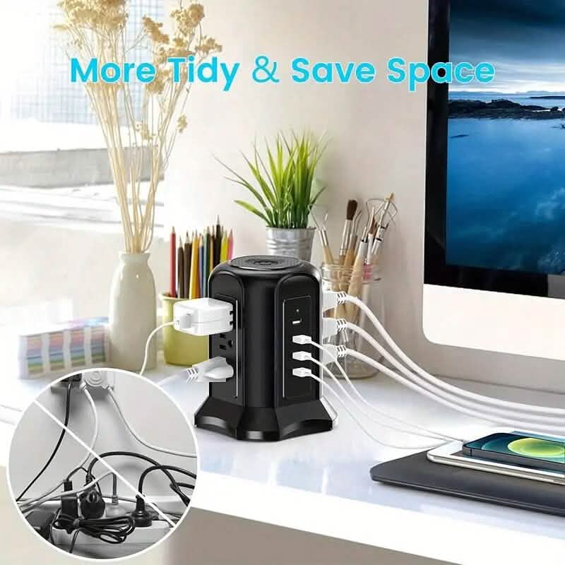 Power Strip Tower with 9 Outlets 4 USB Ports 6.5 Ft. Long Extension Cord