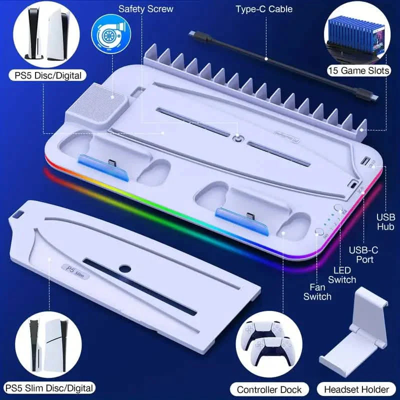 PS5 Cooling Stand with 3-Speed Adjustable Fan, RGB Lights, and Compact Design for PS5 Slim, Digital