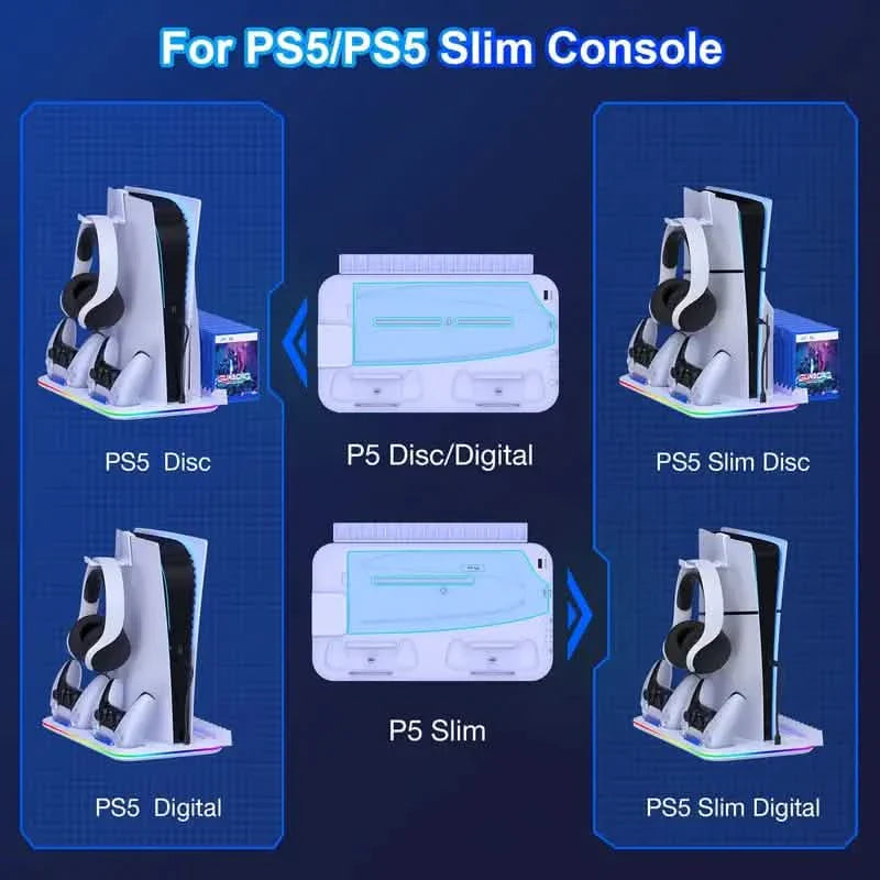 PS5 Cooling Stand with 3-Speed Adjustable Fan, RGB Lights, and Compact Design for PS5 Slim, Digital
