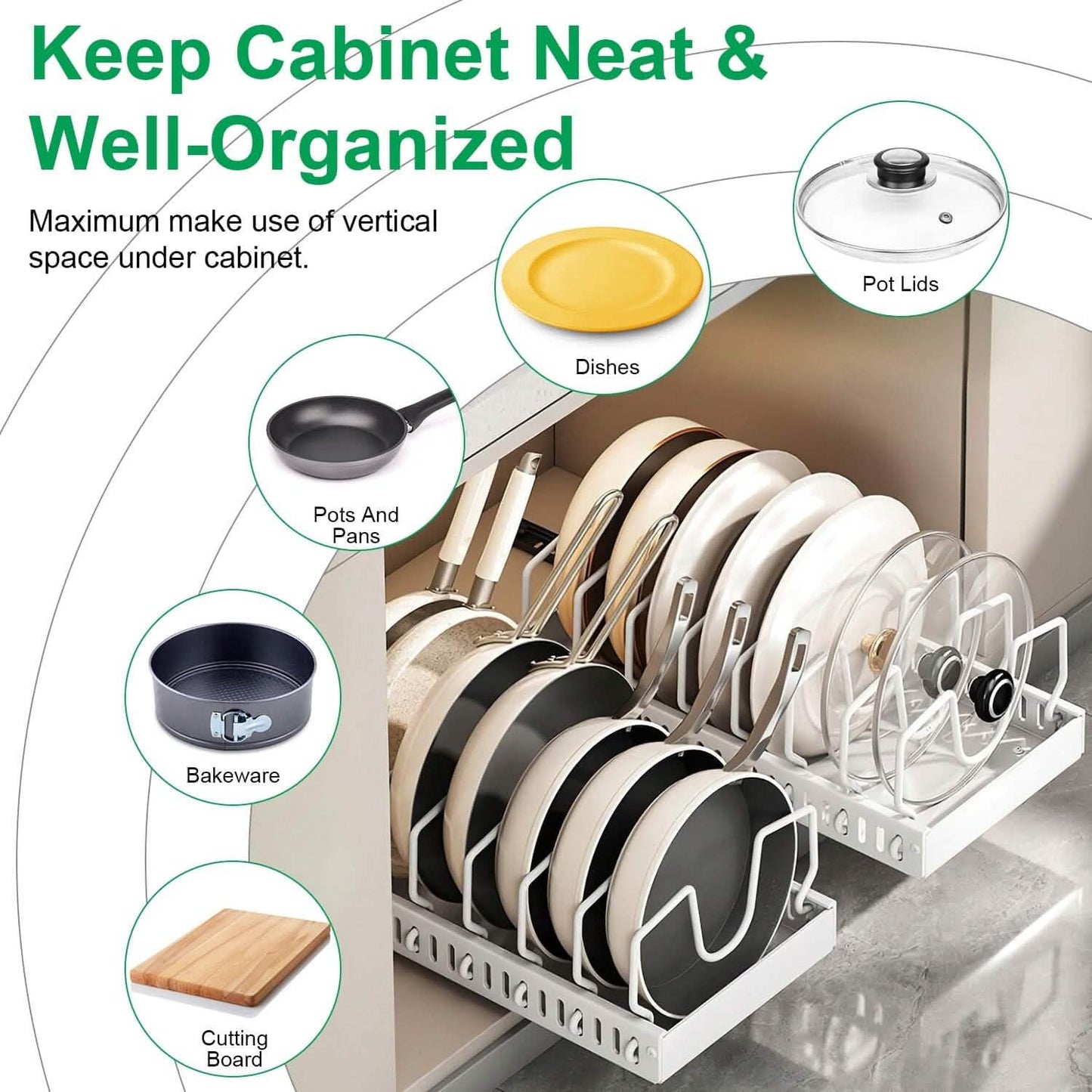 Pull Out Pots and Pans Organizer with 8 Adjustable Dividers