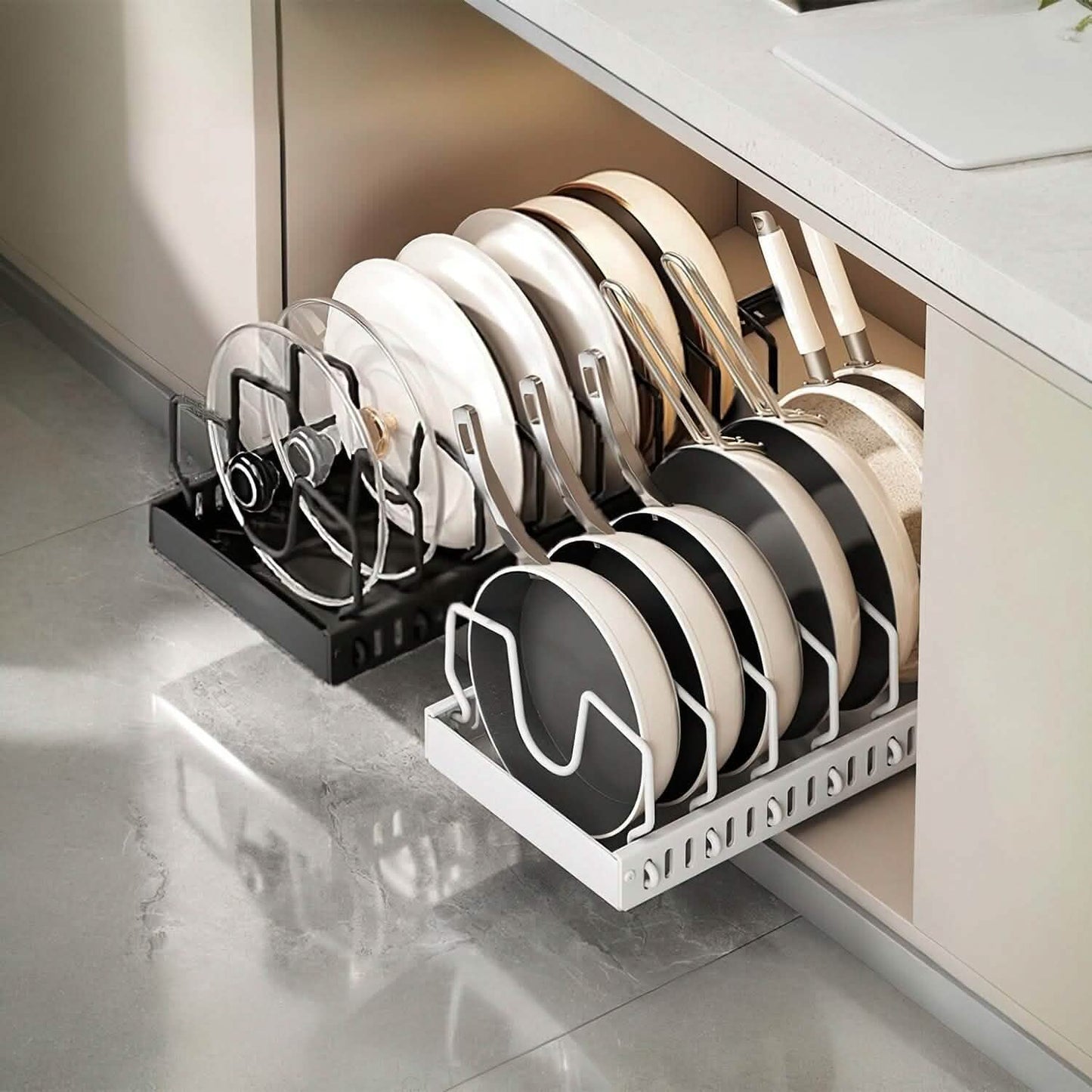 Pull Out Pots and Pans Organizer with 8 Adjustable Dividers