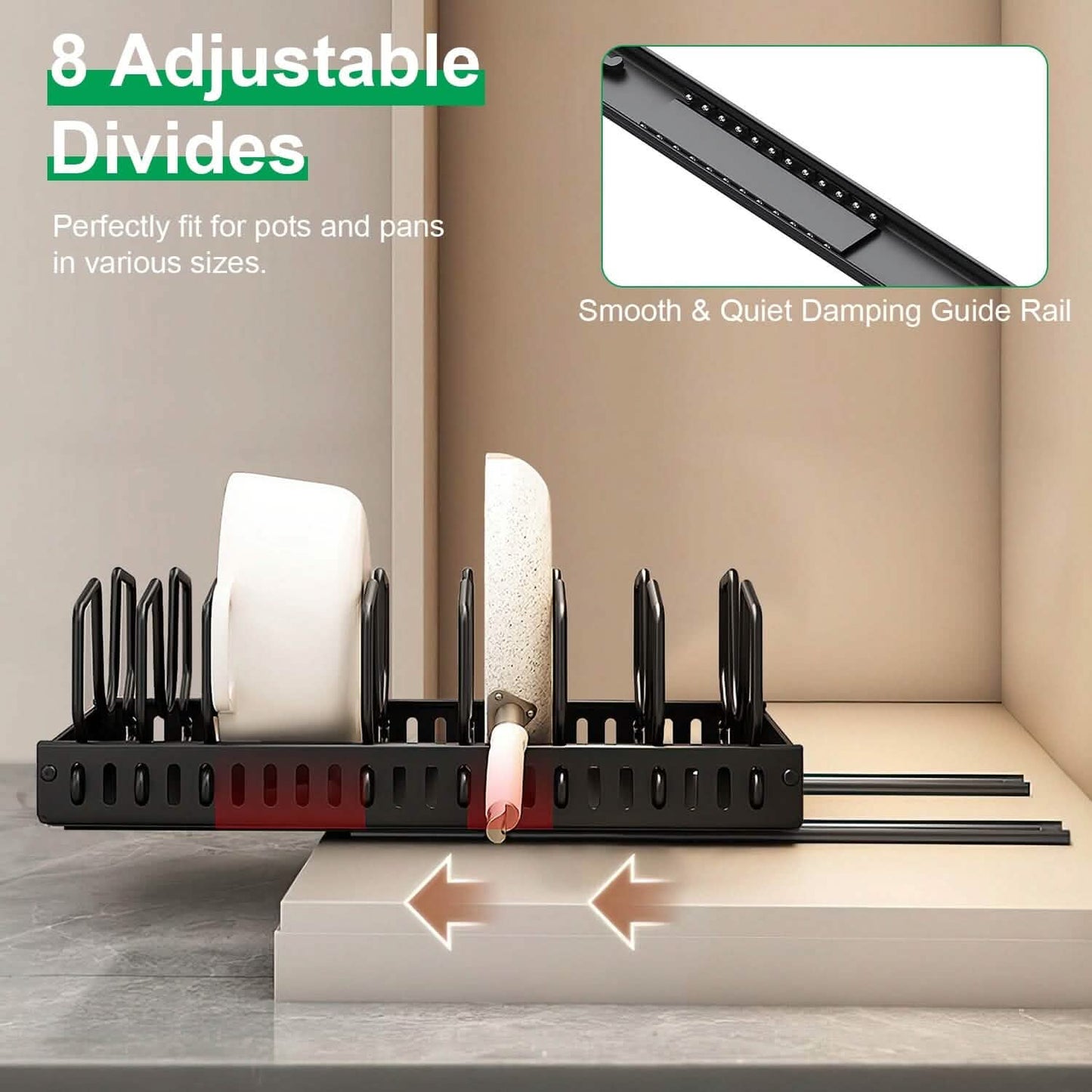 Pull Out Pots and Pans Organizer with 8 Adjustable Dividers