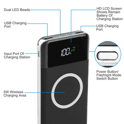 Qi Wireless Station 10000mAh Powerbank with 4 Modes Flashlight
