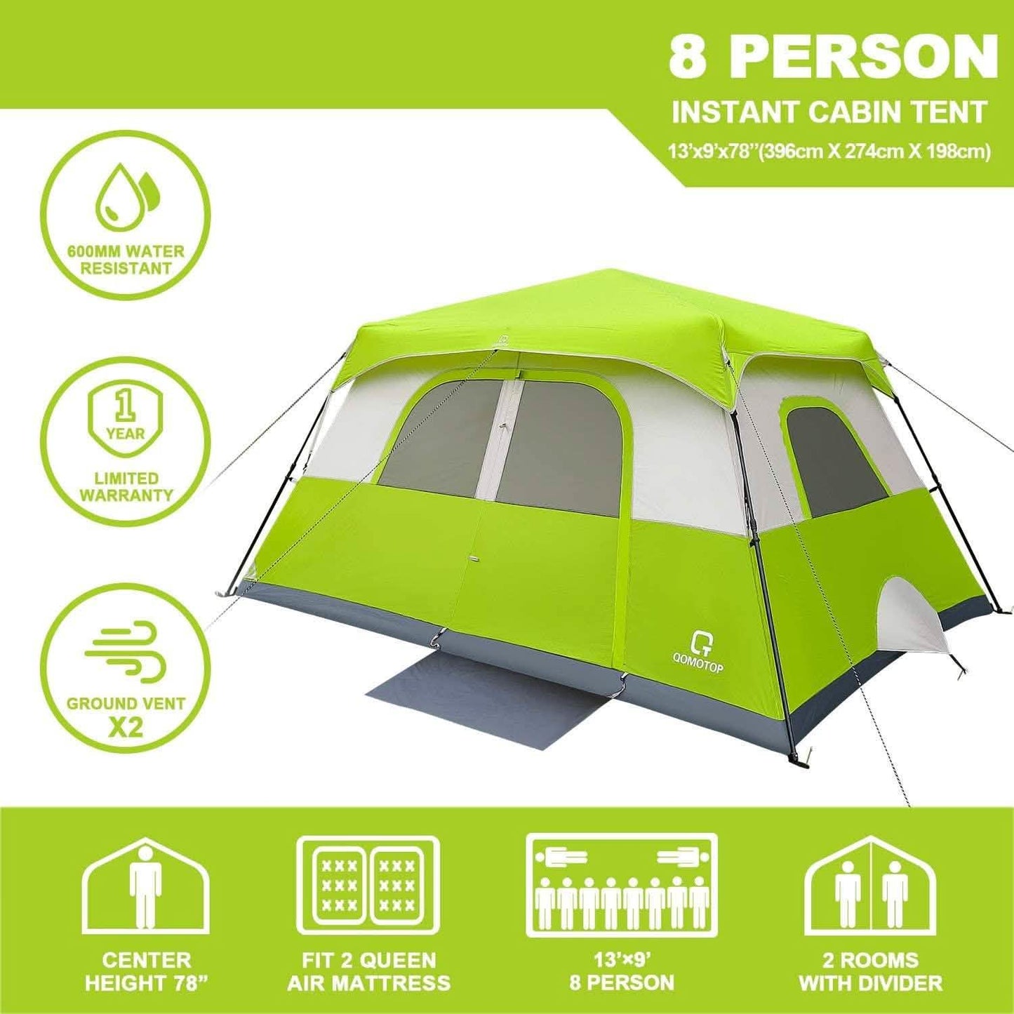 8 Person Camping Tent, 60 Seconds Set up Waterproof Tent