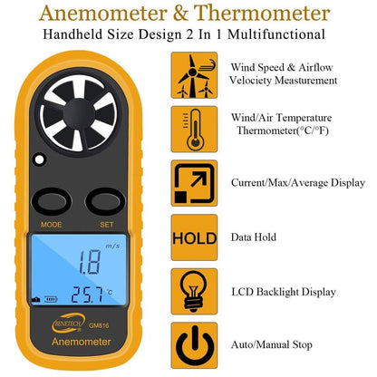 Qotone GM816 Digital Anemometer Wind-Speed Gauge Meter