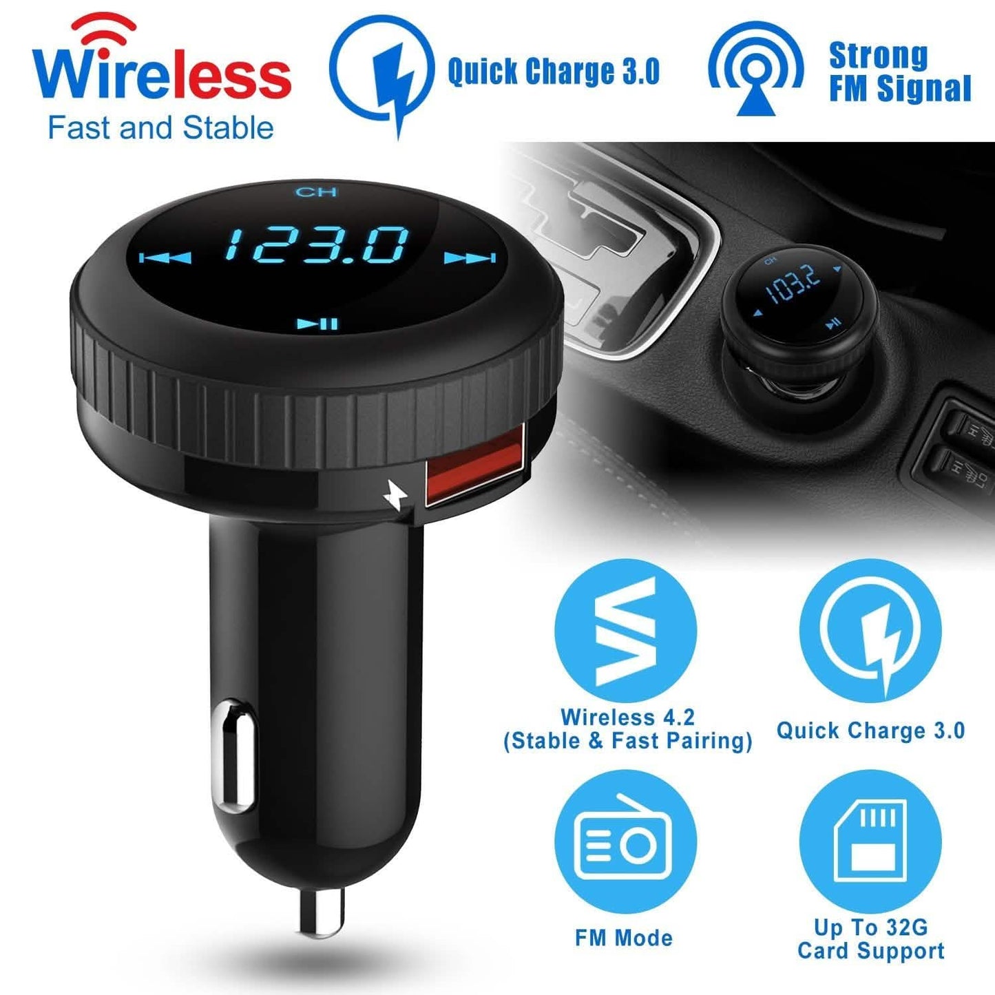 Quick Charge 3.0 Car Charger Wireless 4.2 FM Transmitter 23W 3A Dual USB