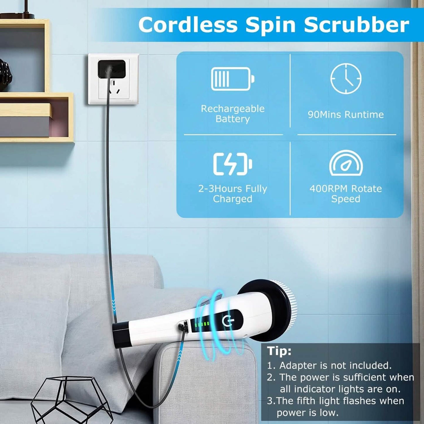 Rechargeable Electric Spin Scrubber 8 Brush Replaceable Heads 2 Speed