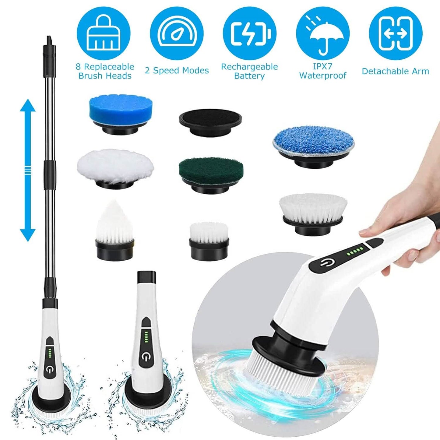 Rechargeable Electric Spin Scrubber 8 Brush Replaceable Heads 2 Speed