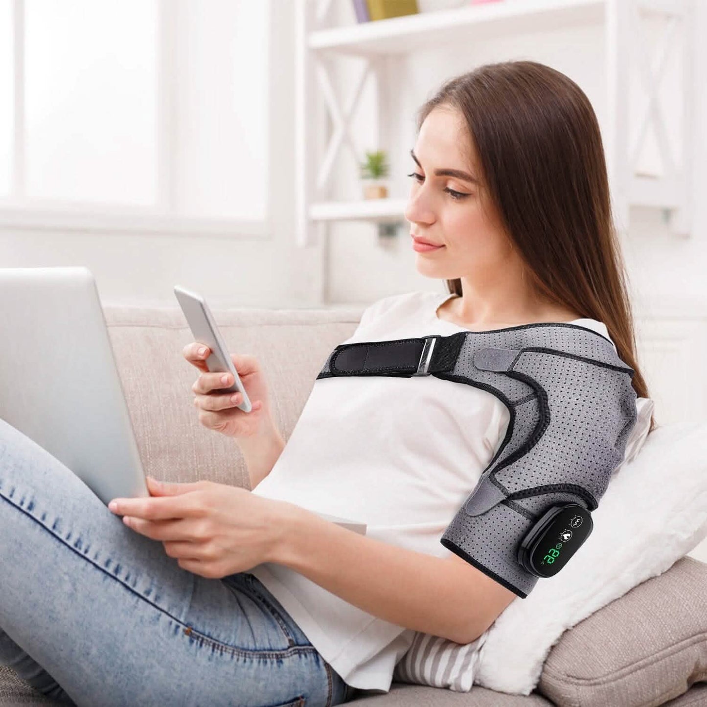 Rechargeable Heated Shoulder Wrap Massager Shoulder Brace Support with 3 Heating Levels