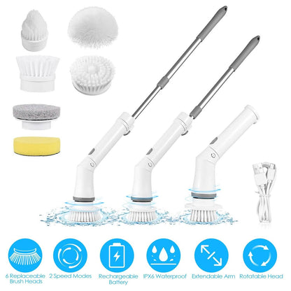 Rechargeable Telescopic Cleaning Brush 6 Replaceable Heads 2 Speed Adjustable Extension Arm