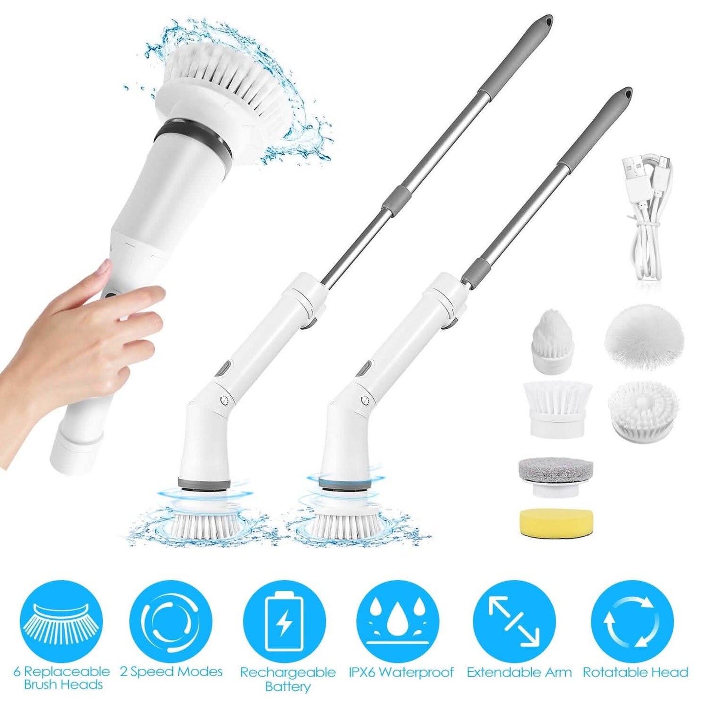 Rechargeable Telescopic Cleaning Brush 6 Replaceable Heads 2 Speed Adjustable Extension Arm