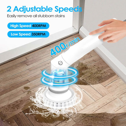 Rechargeable Telescopic Cleaning Brush 6 Replaceable Heads 2 Speed Adjustable Extension Arm