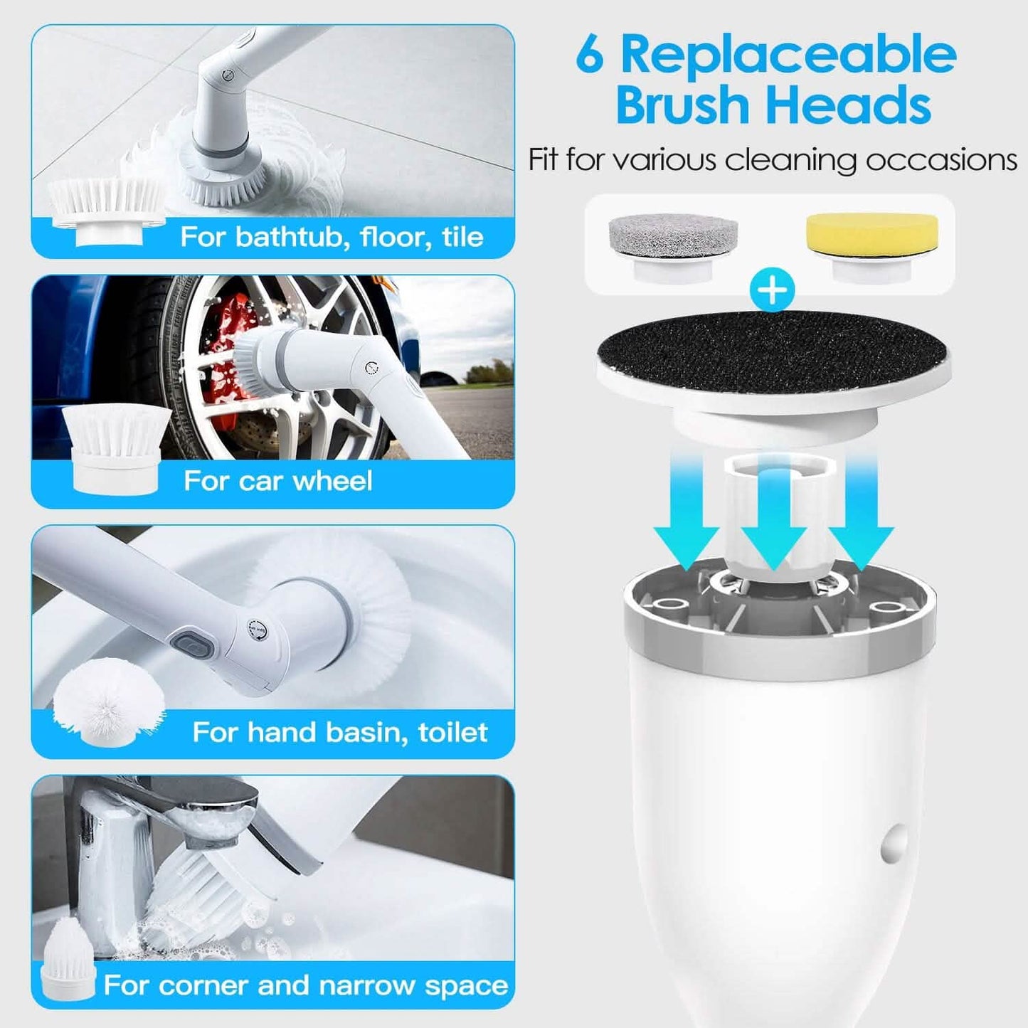 Rechargeable Telescopic Cleaning Brush 6 Replaceable Heads 2 Speed Adjustable Extension Arm