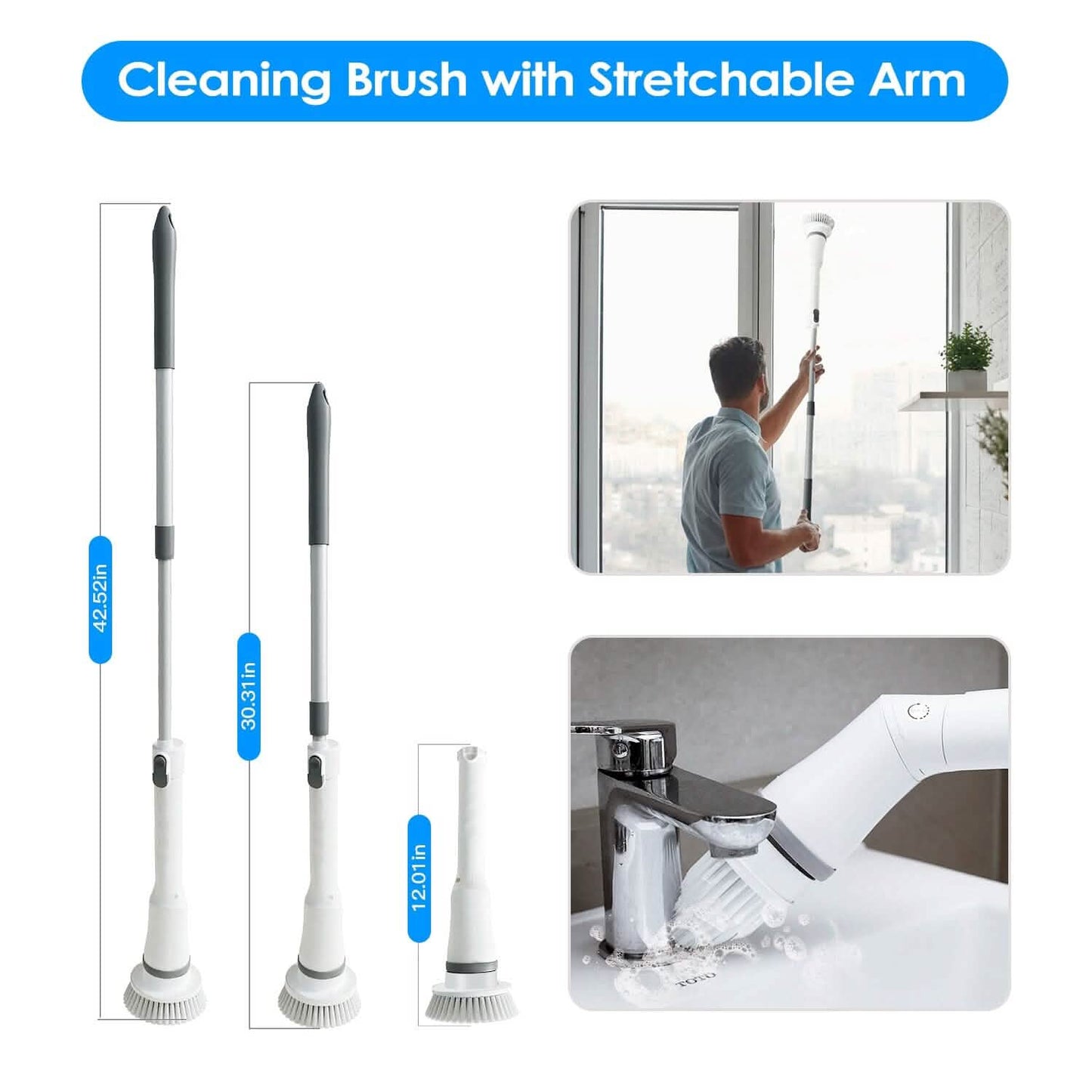 Rechargeable Telescopic Cleaning Brush 6 Replaceable Heads 2 Speed Adjustable Extension Arm