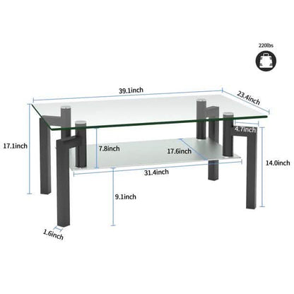 Rectangular Tempered Metal Tube Leg Living Room Glass Coffee Table