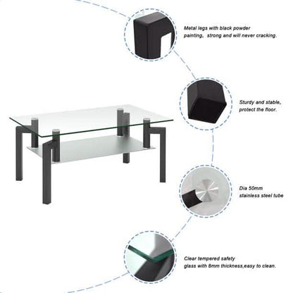 Rectangular Tempered Metal Tube Leg Living Room Glass Coffee Table