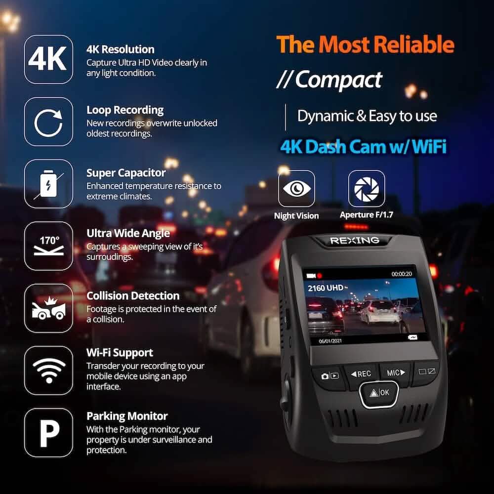 REXING V1 - 4K Ultra HD Car Dash Cam 2.4" LCD Screen  (Refurbished)