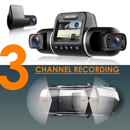 RexingUSA V2 PRO AI Dash Cam 3-Channel Front/Cabin/Rear  (Refurbished)
