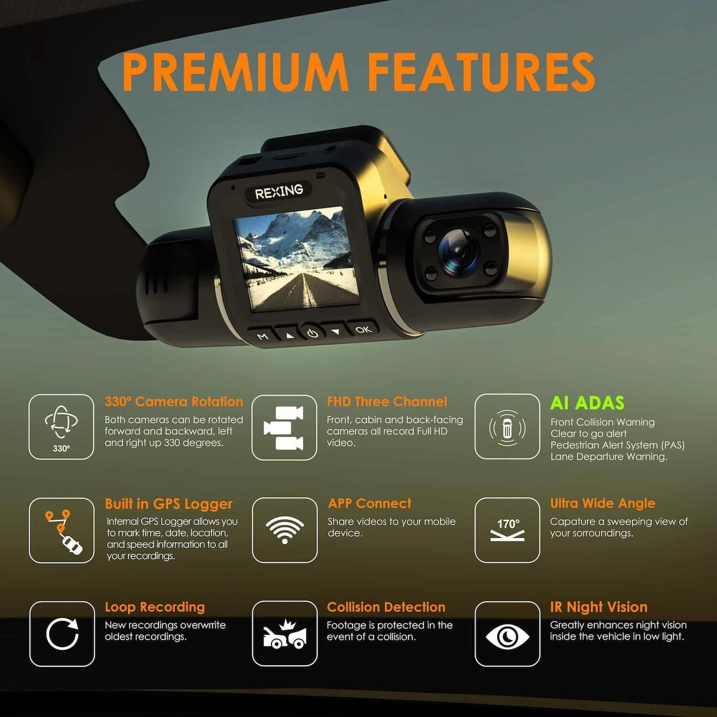 RexingUSA V2 PRO AI Dash Cam 3-Channel Front/Cabin/Rear  (Refurbished)