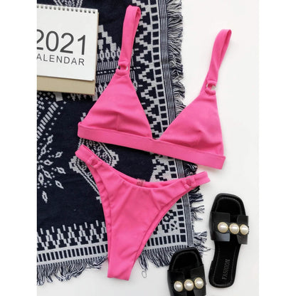 Rib Ring Linked High Cut Bikini Swimsuit