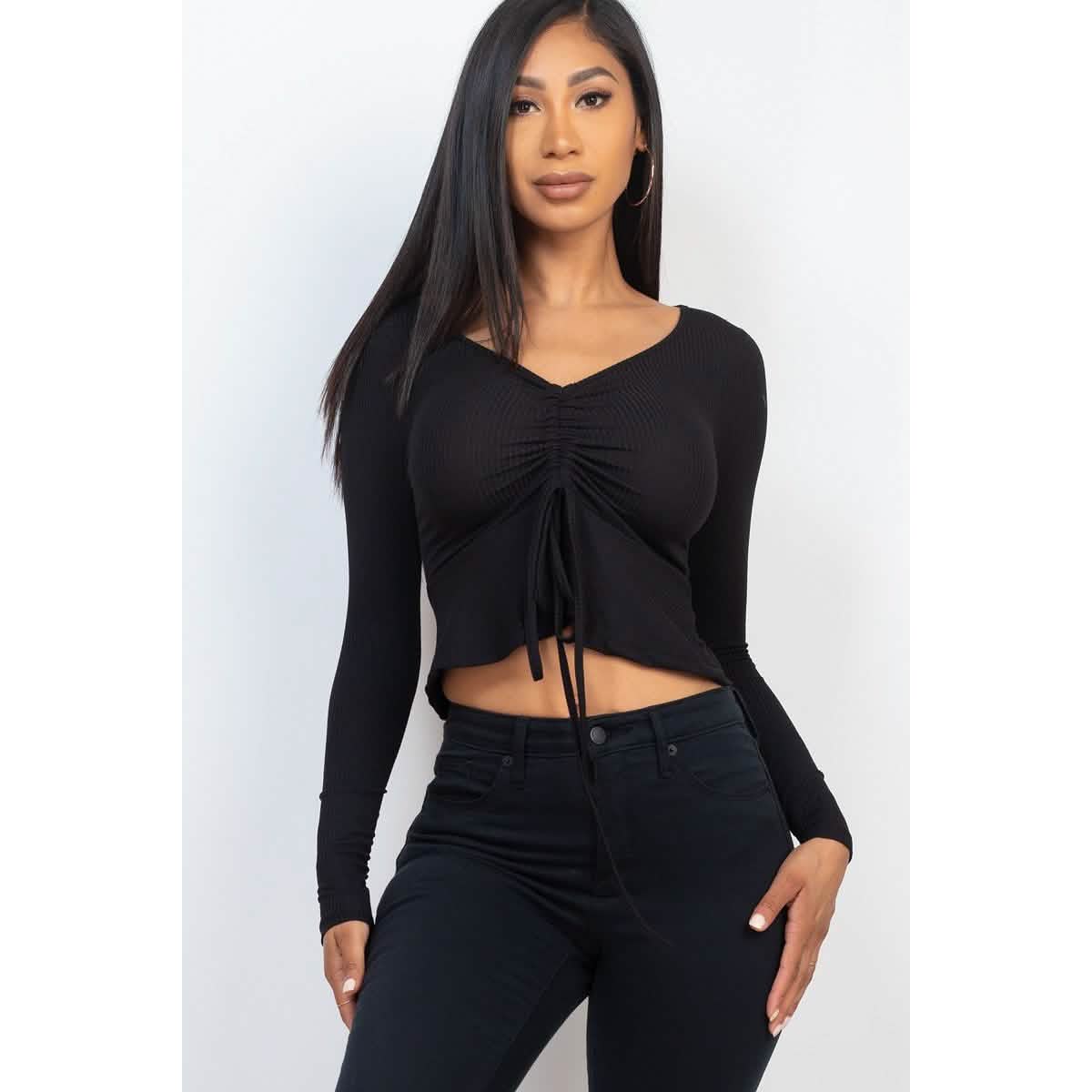 Ribbed Drawstring Front Long Sleeve Peplum Top