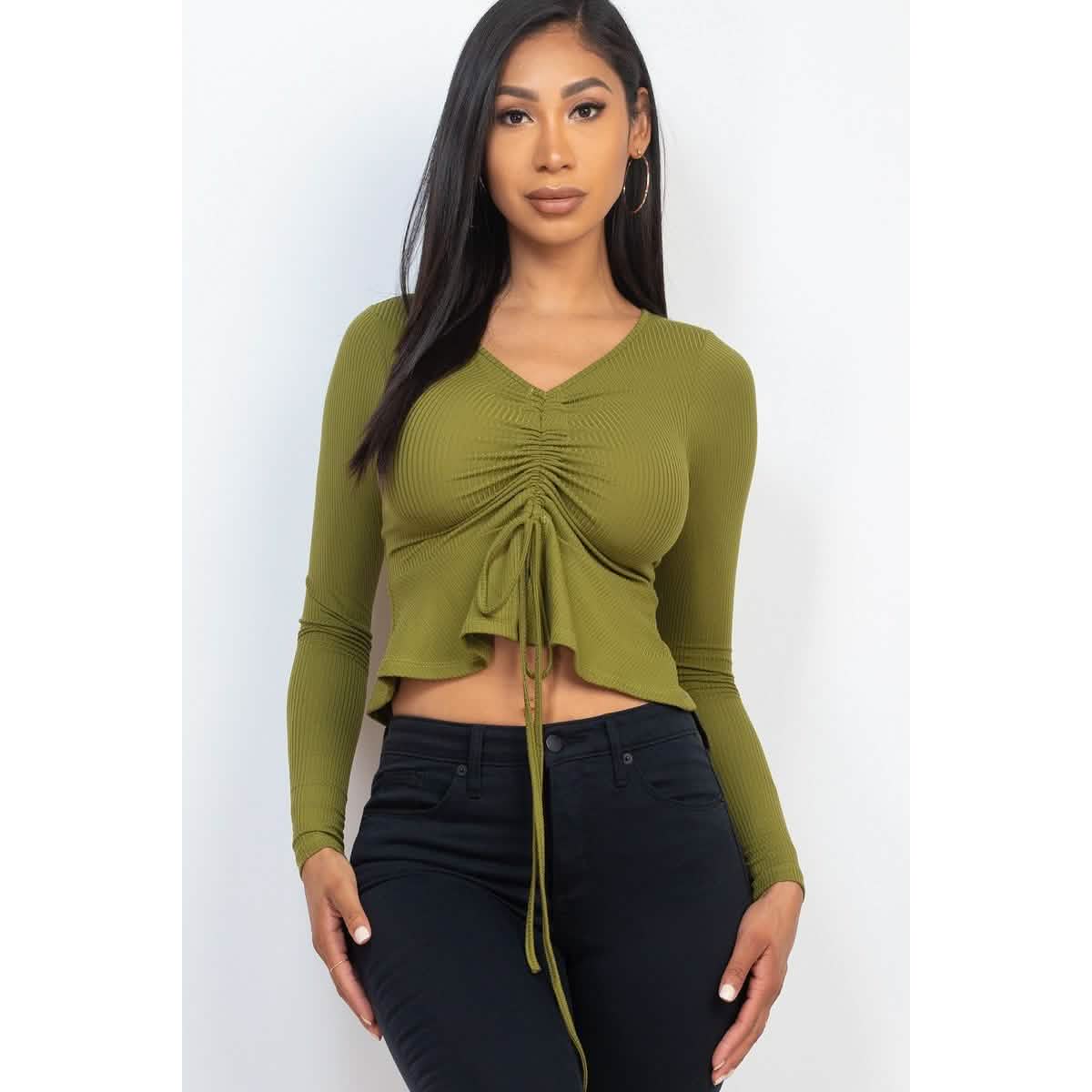Ribbed Drawstring Front Long Sleeve Peplum Top