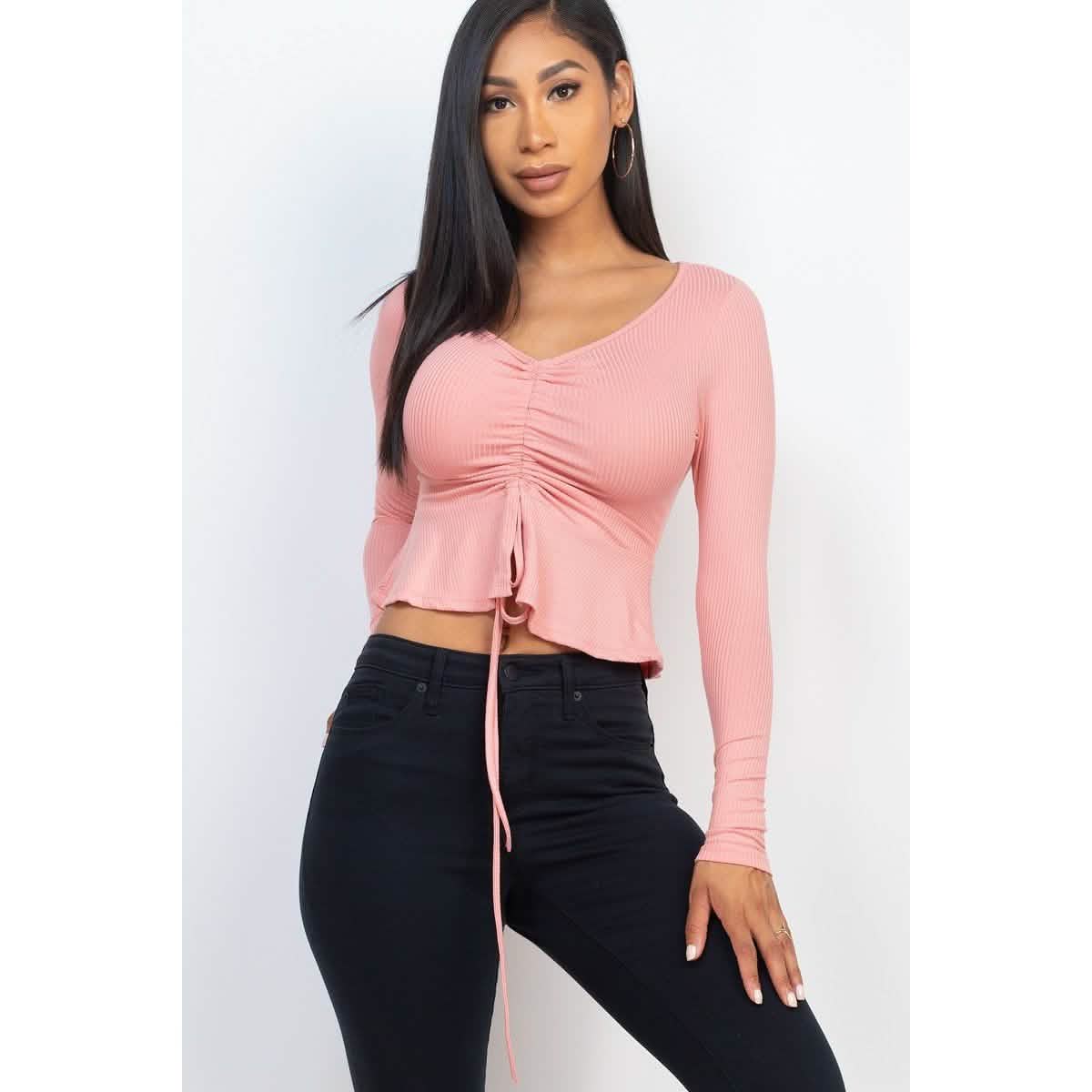 Ribbed Drawstring Front Long Sleeve Peplum Top