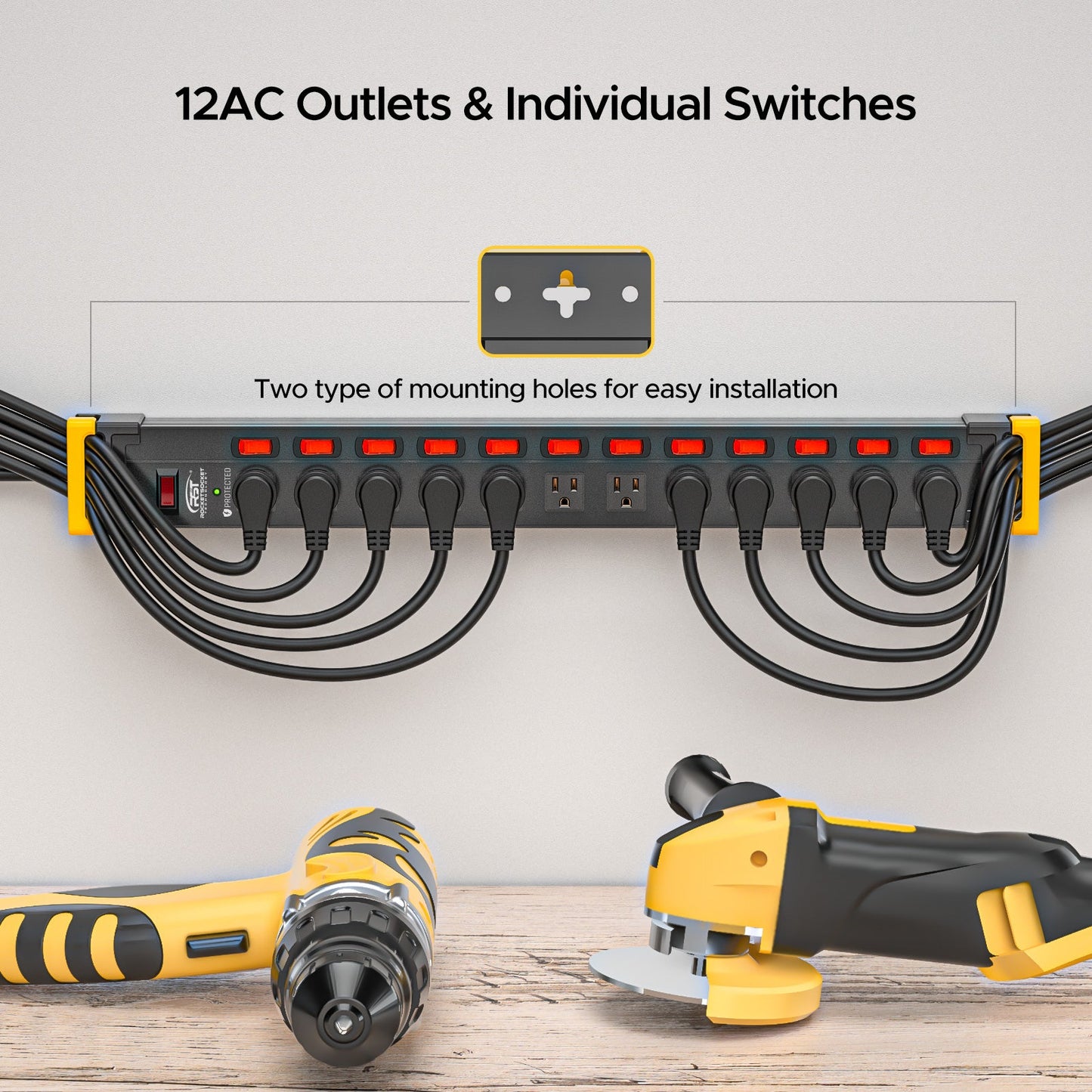 12-Outlet Heavy Duty Power Strip with Individual Switches – 1020J Surge Protector, 9FT Cord, Wall Mountable
