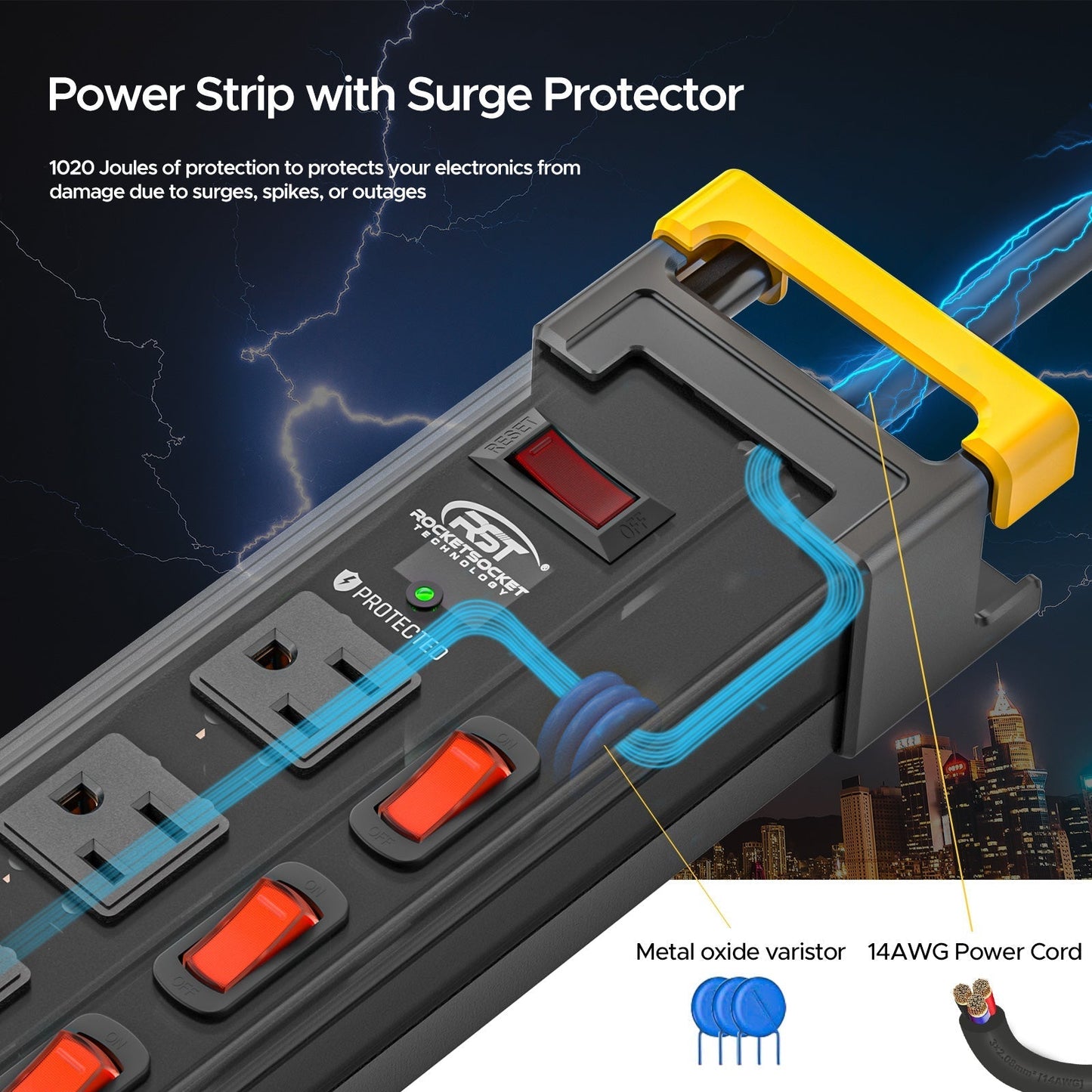 12-Outlet Heavy Duty Power Strip with Individual Switches – 1020J Surge Protector, 9FT Cord, Wall Mountable