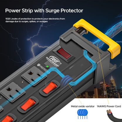 12-Outlet Heavy Duty Power Strip with Individual Switches – 1020J Surge Protector, 9FT Cord, Wall Mountable
