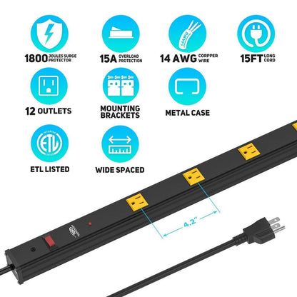 Wide Spaced 12 Outlets Mountable Metal Power Strip Surge Protector, 15FT Power Cord, Mounting Brackets Included