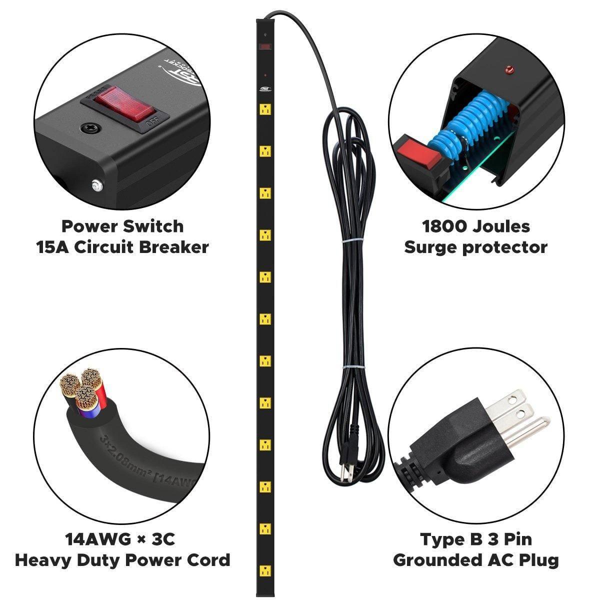 Wide Spaced 12 Outlets Mountable Metal Power Strip Surge Protector, 15FT Power Cord, Mounting Brackets Included