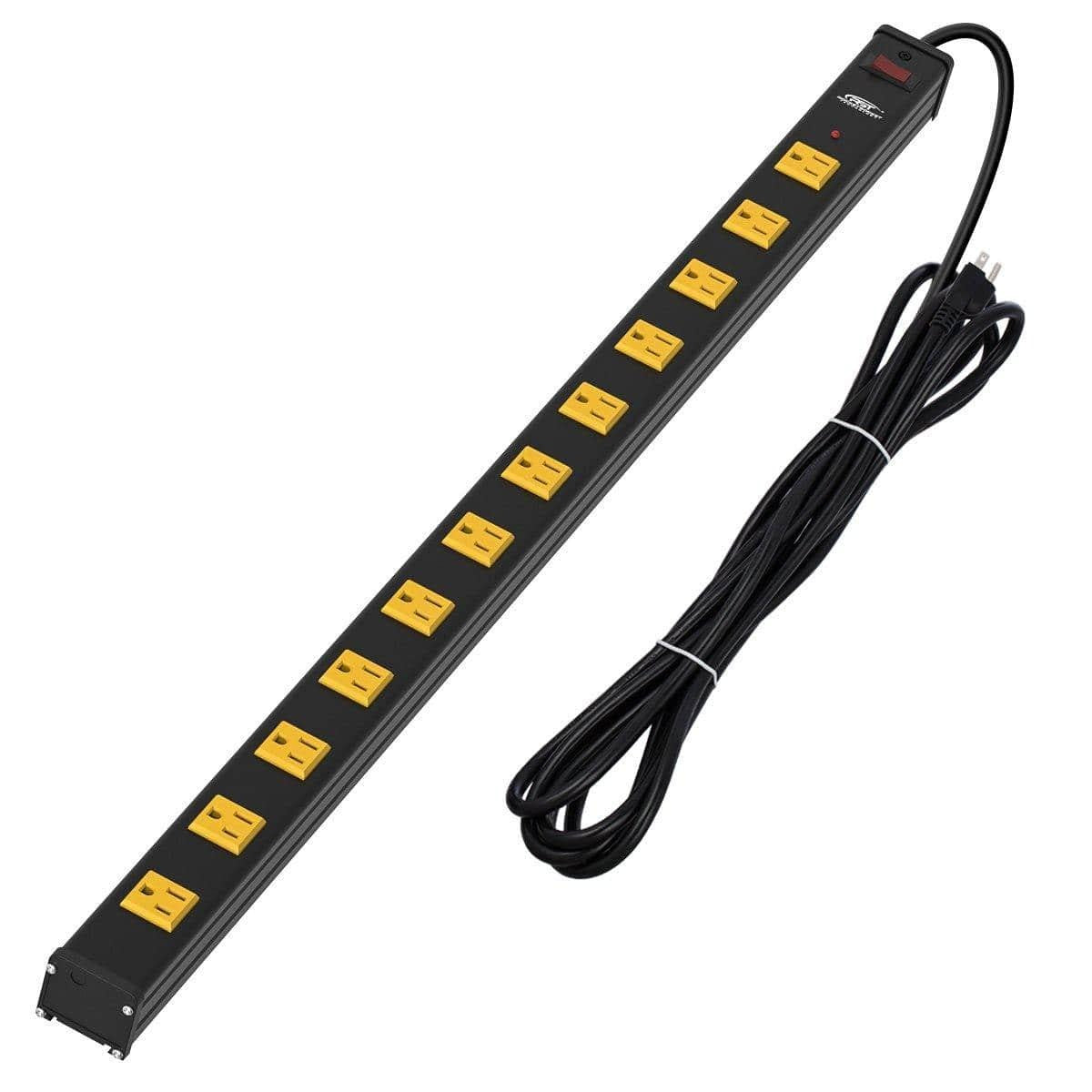 CRST 12-Outlet Metal Power Strip Surge Protector — 1800J, 2.6" Wide Outlets, Mountable