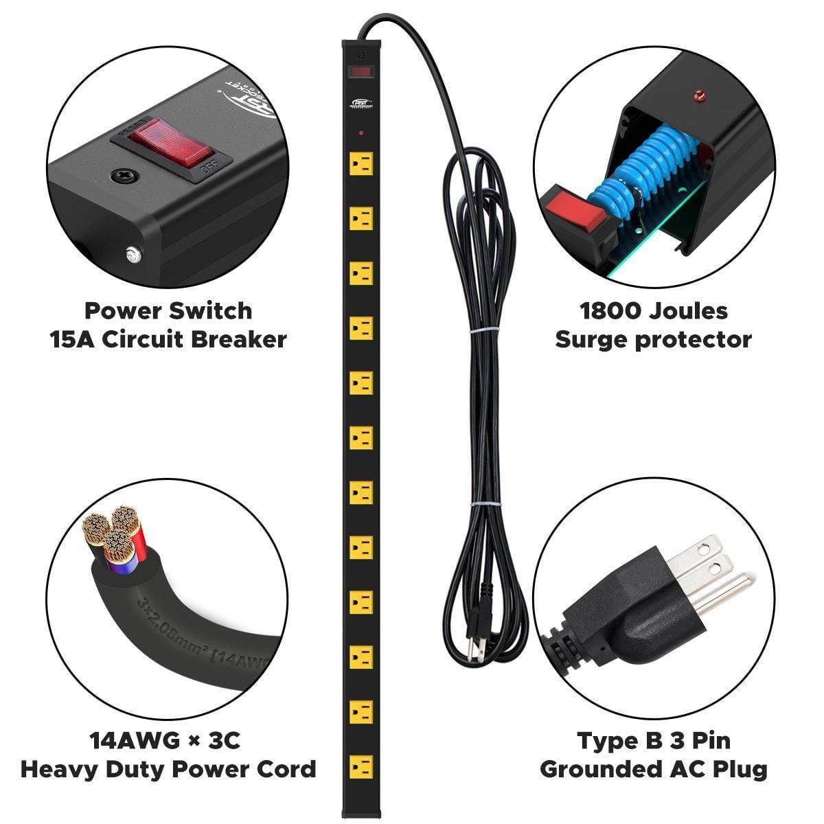 CRST 12-Outlet Metal Power Strip Surge Protector — 1800J, 2.6" Wide Outlets, Mountable