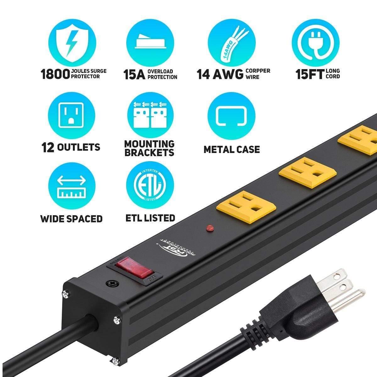 CRST 12-Outlet Metal Power Strip Surge Protector — 1800J, 2.6" Wide Outlets, Mountable