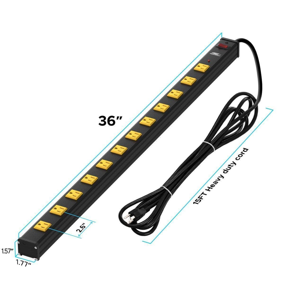 CRST 12-Outlet Metal Power Strip Surge Protector — 1800J, 2.6" Wide Outlets, Mountable
