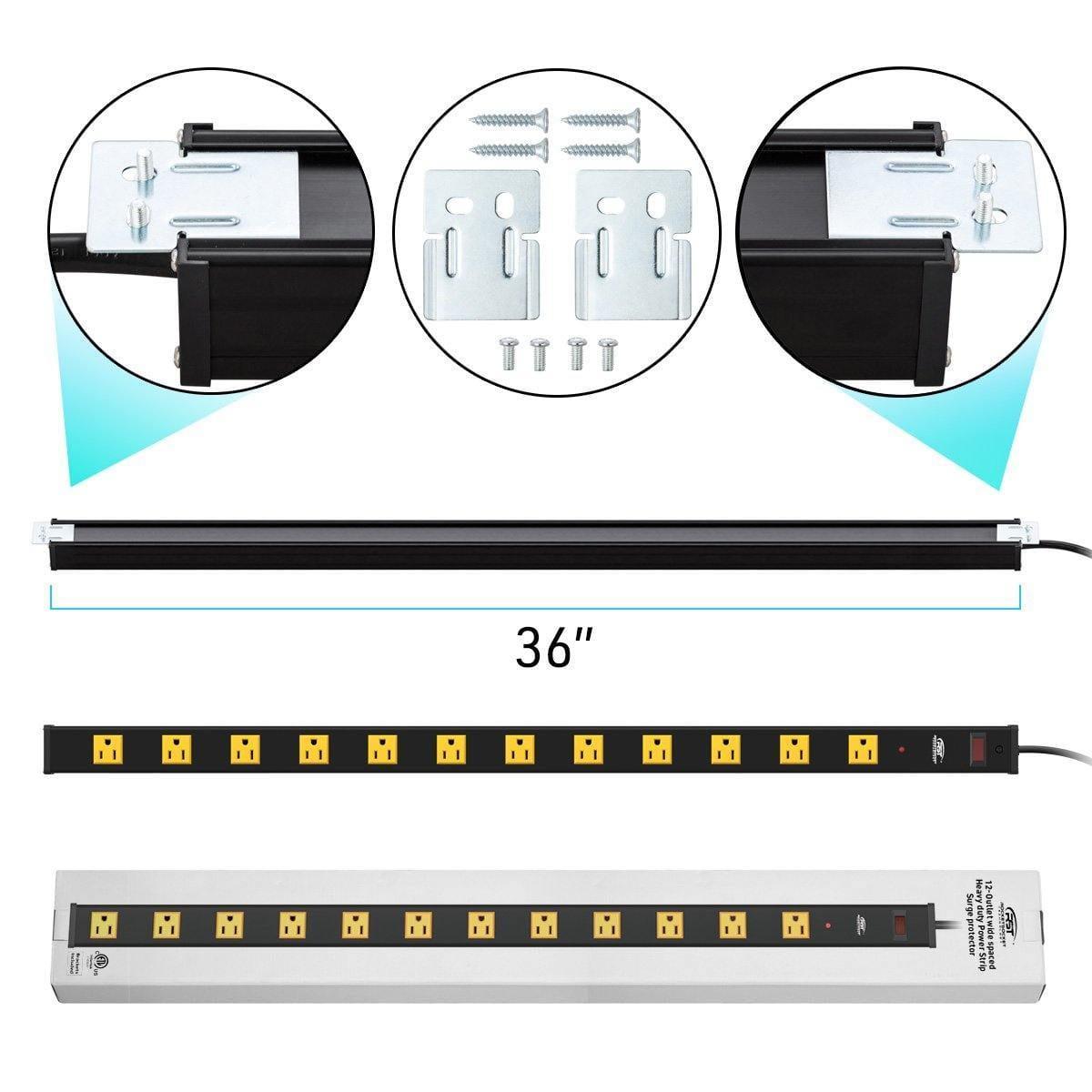 CRST 12-Outlet Metal Power Strip Surge Protector — 1800J, 2.6" Wide Outlets, Mountable
