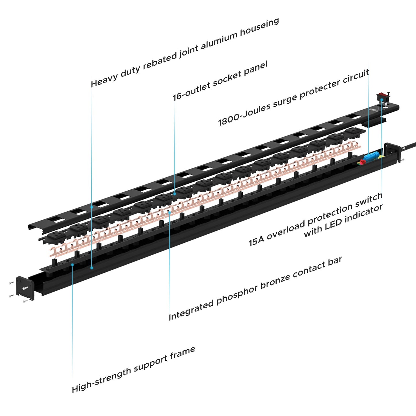 16-Outlet Metal Power Strip Surge Protector, 1800 Joules, 2.6" Ultra-Wide Spaced, 15ft