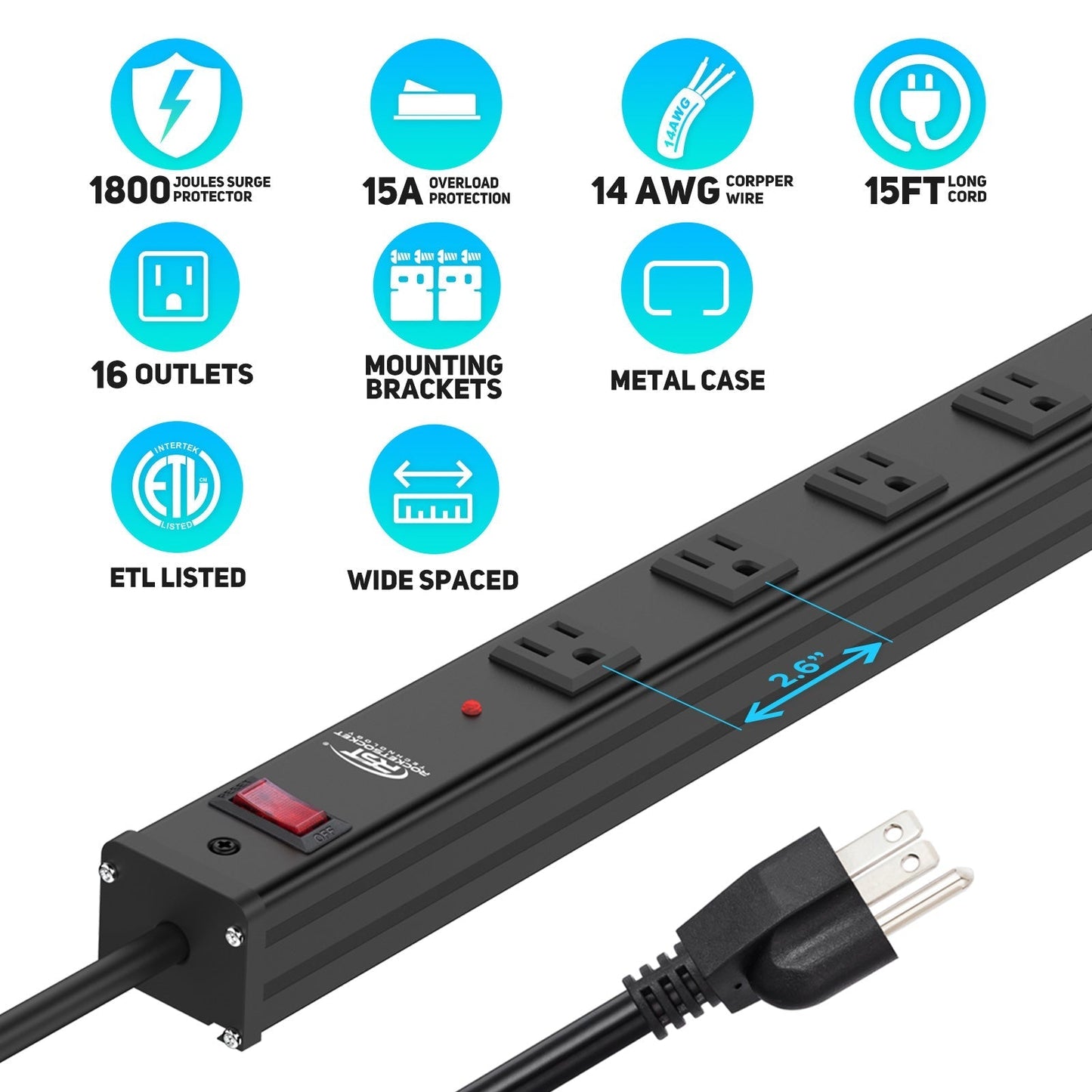 16-Outlet Metal Power Strip Surge Protector, 1800 Joules, 2.6" Ultra-Wide Spaced, 15ft