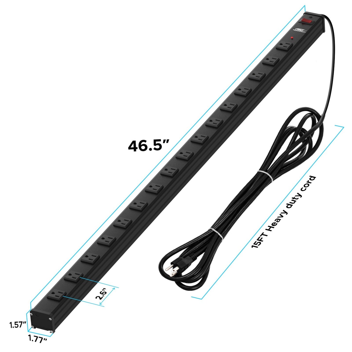 16-Outlet Metal Power Strip Surge Protector, 1800 Joules, 2.6" Ultra-Wide Spaced, 15ft