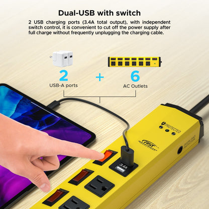 CRST 6-Outlet + 2 USB Metal Power Strip with Individual Switches, 1200J Surge Protector, Versatile Mounting
