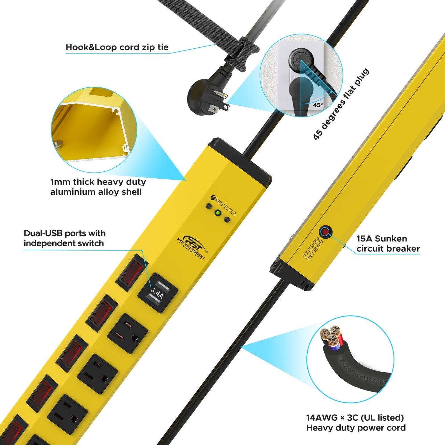 CRST 6-Outlet + 2 USB Metal Power Strip with Individual Switches, 1200J Surge Protector, Versatile Mounting