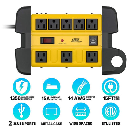 Wide Spaced 8-Outlet Heavy Duty Metal Power Strip Surge Protector, 1350 Joules Protection, Dual USB Ports