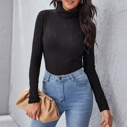 Rolled Neck Rib-knit Tee