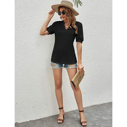 Romanstii Women Casual V-neck T-Shirts Loose Puff Short